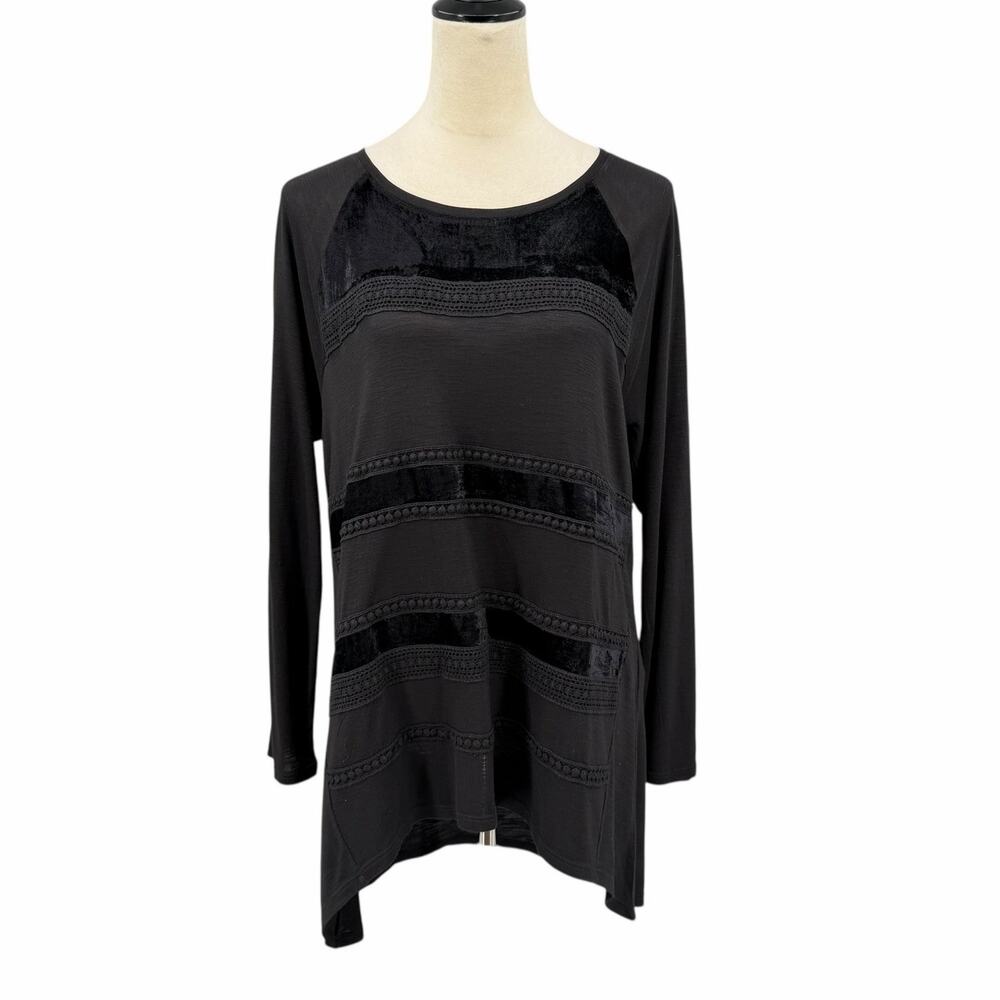 Chico’s Sz 2 NWT Black Velvet Contrast Lace Panel High Low Long Sleeve Tunic